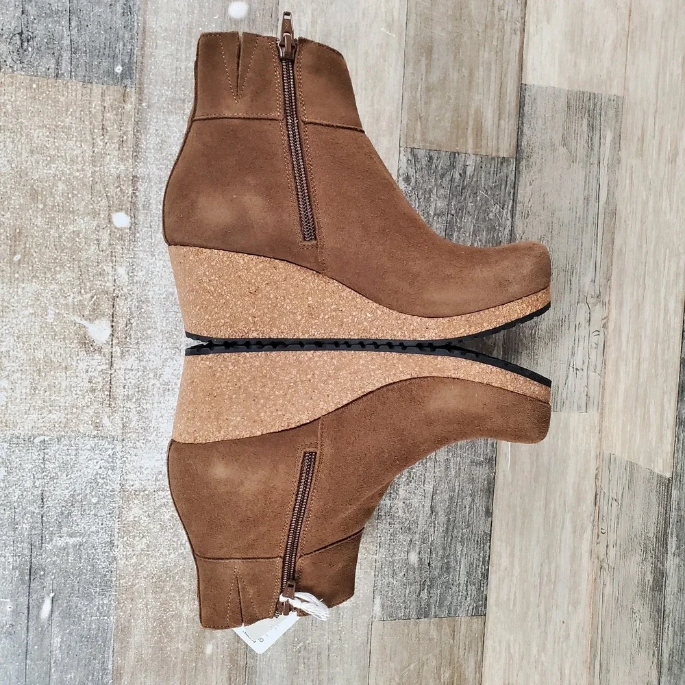 Papilio Birkenstock Ebba Womens Booties Sz 5 Dark Tea Suede Side Zip Wedge Heels